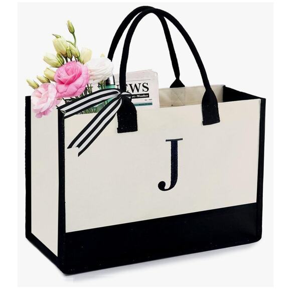 New Monogram "J" Canvas Tote Inside Zipper Pocket Great Gift Personalized Bag - Picture 1 of 4